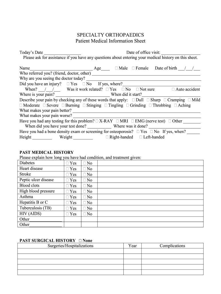 Patient Medical Information Sheet Specialty Orthopaedics