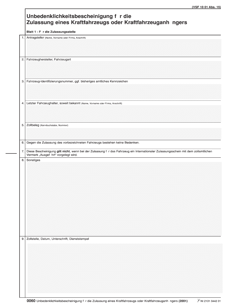 Unbedenklichkeitsbescheinigung Fr Die Zulassung Eines Kraftfahrzeugs Oder Kraftfahrzeugsanhngers  Form