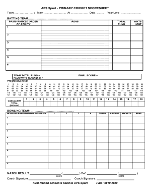 Pairs Cricket Score Sheet  Form