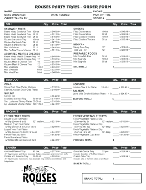 ROUSES PARTY TRAYS ORDER FORM NAME PHONE DATE ORDERED DATE NEEDED PICKUP TIME ORDER TAKEN by STORE # DELI SANDWICH TRAYS Boars H