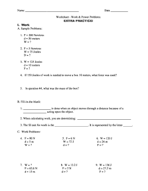 Power Problems Worksheet  Form