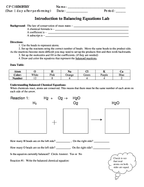 Introduction to Balancing Equations Lab Answer Key  Form