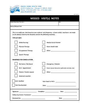 Missed Visit Report Form Pacific Home Health Care