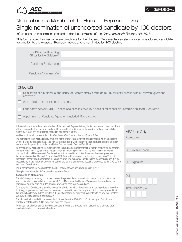 Single Nomination of Unendorsed Candidate by 100 Electors Bformb 60c