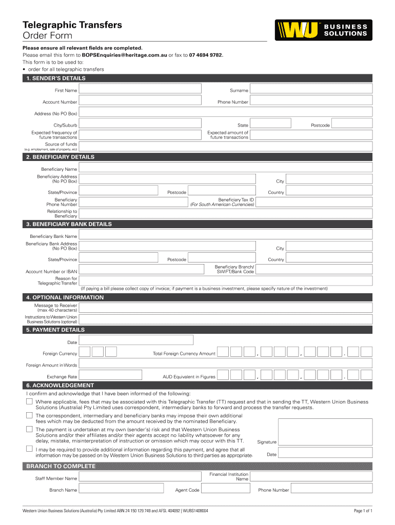 Telegraphic Transfers Order Form BHeritageb Bank