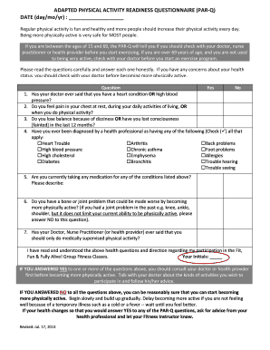 ADAPTED PHYSICAL ACTIVITY READINESS QUESTIONNAIRE PAR Q Wbchc on  Form