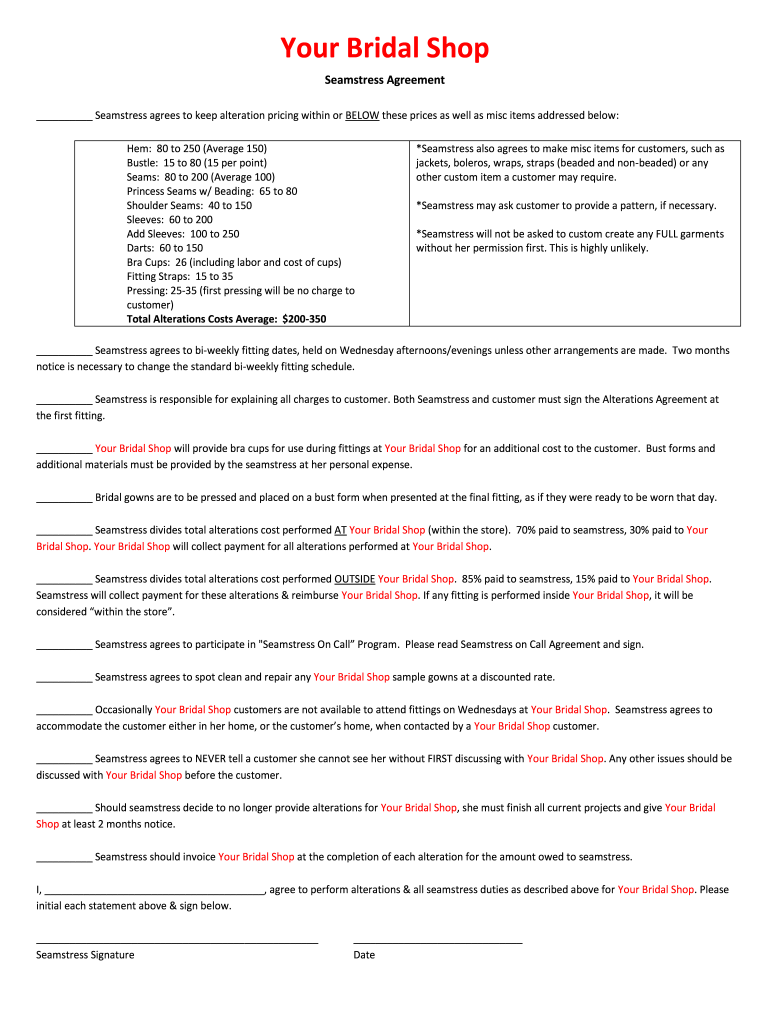 Seamstress Contract Agreement  Form