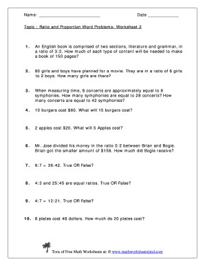 Ratio and Proportion Word Problems Worksheet with Answers  Form