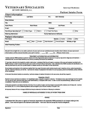 Veterinary Intake Form