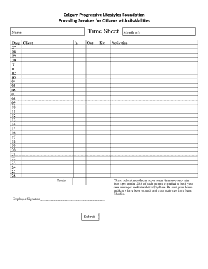 Calgary Progressive Lifestyle Foundation Latest Hourly Timesheet  Form