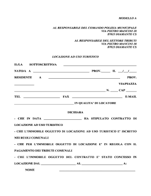 Contratto Di Locazione Di Immobile Ad Uso Turistico Comune Di Comune Diamante  Form