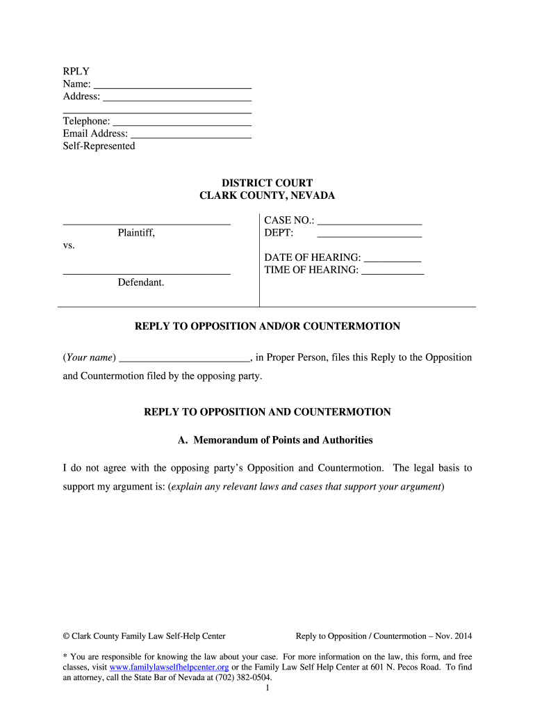 Reply to Opposition Countermotion PDF Fillable Family Law Self  Form