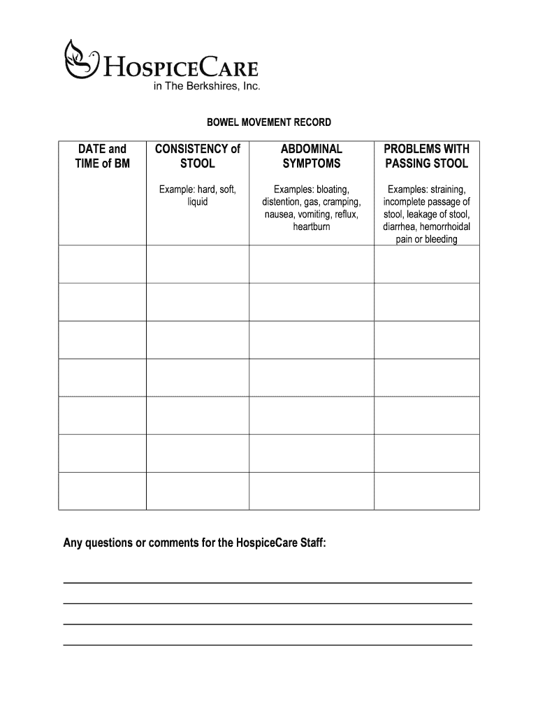 BOWEL MOVEMENT RECORD Hospice Care at Berkshire Hcib  Form