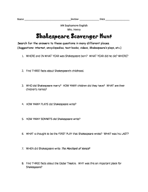 Shakespeare Scavenger Hunt PDF Answers  Form