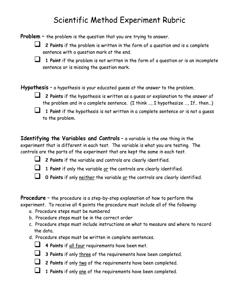 Scientific Method Experiment Rubric  Form