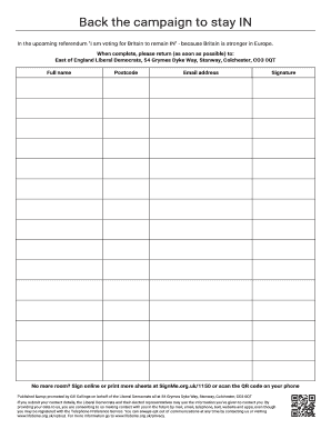 Back the Campaign to Stay in Petition Signature Sheet to Print and Post Back to Us Eastlibdems Org  Form