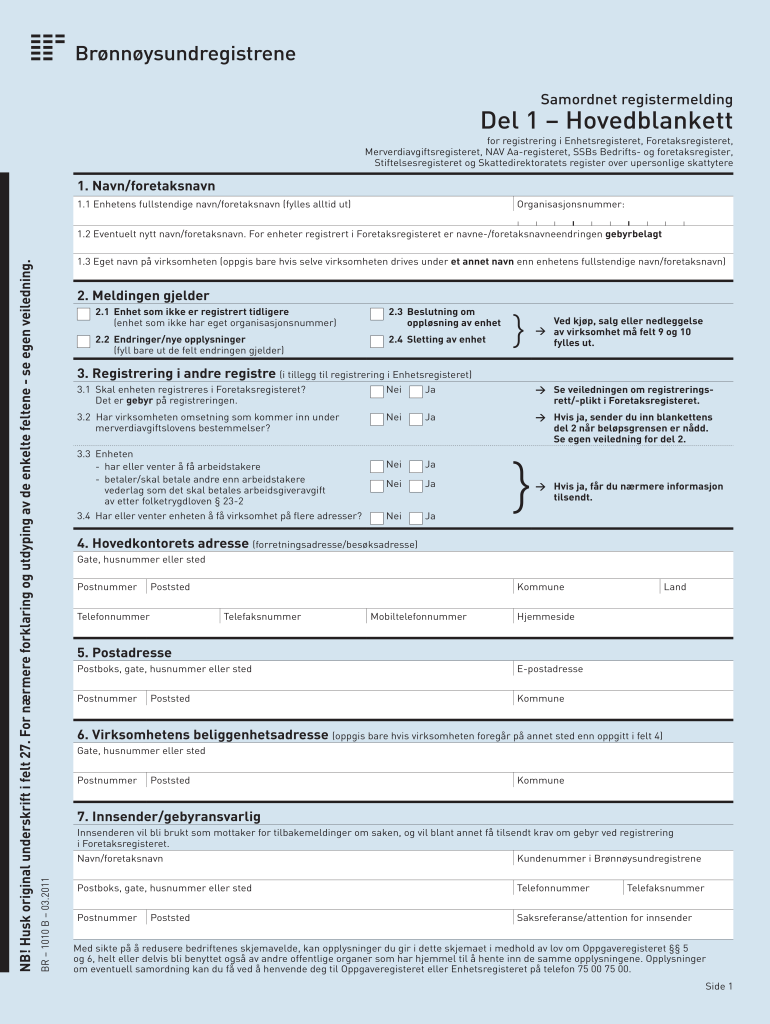 Get and Sign Samordnet Registermelding Del 1 Hovedblankett 2011-2022 Form