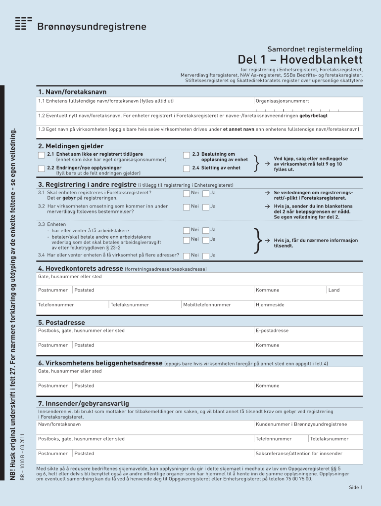  Samordnet Registermelding Del 1 Hovedblankett 2011