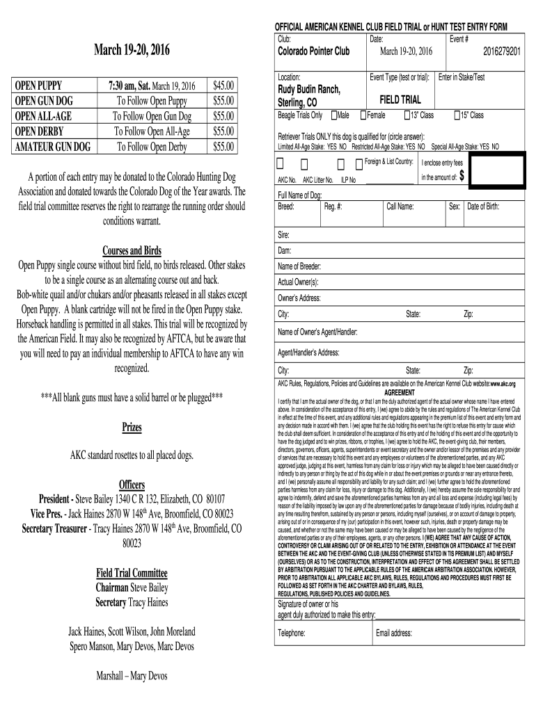  OFFICIAL AMERICAN KENNEL CLUB FIELD TRIAL or HUNT TEST ENTRY FORM Club March 1920, OPEN PUPPY OPEN GUN DOG OPEN ALLAGE OPE 2016-2024