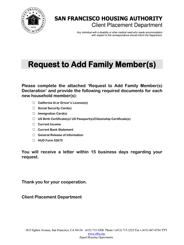 Request to Add Family Member  San Francisco Housing Authority  Form