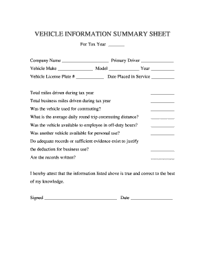 VEHICLE INFORMATION SUMMARY SHEET