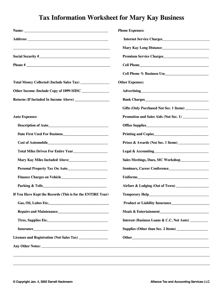 Mary Kay Tax Worksheet  Form