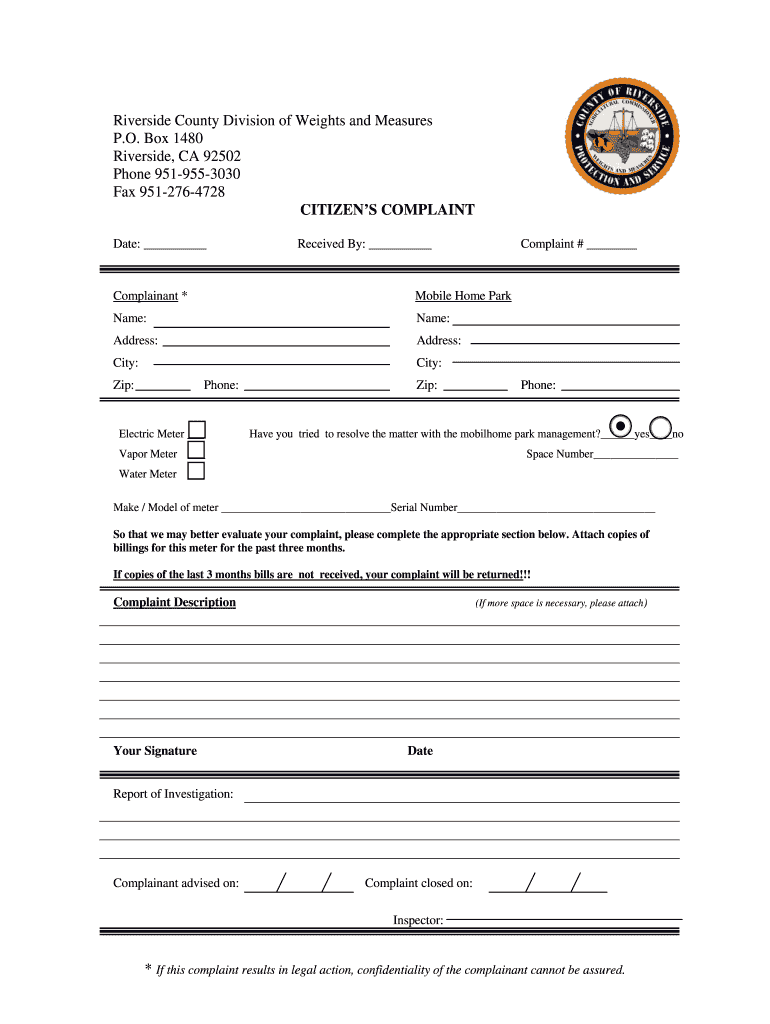 Mobile Home Utility Complaint Form  Rivcoag Org