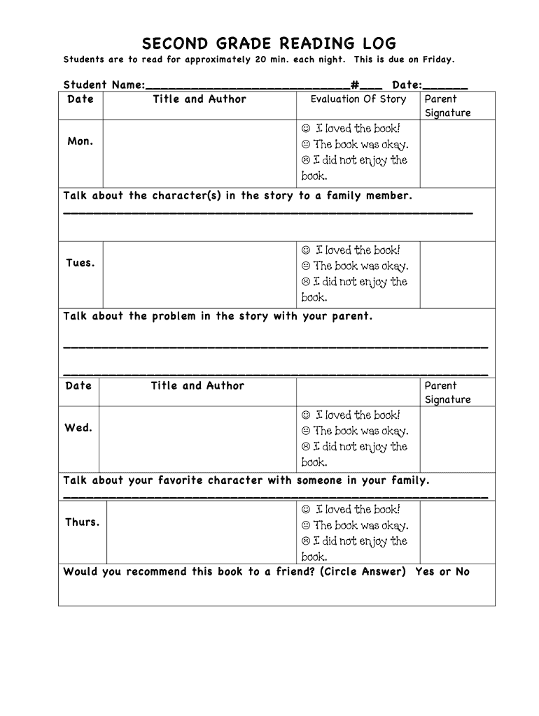 Online Second Grade Reading Log  Form