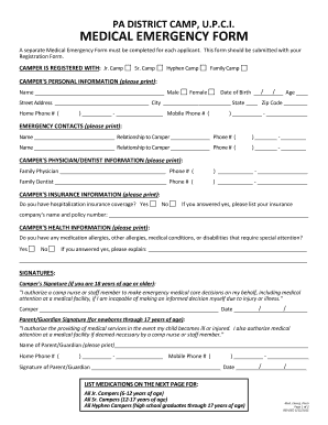 PA DISTRICT CAMP UPCI MEDICAL EMERGENCY FORM