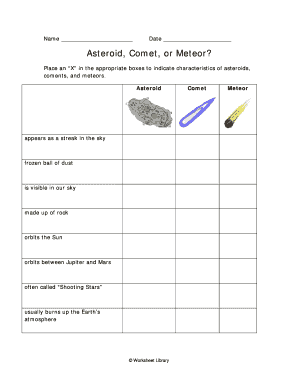 Place an X in the Appropriate Boxes to Indicate Characteristics of Asteroids Comets and Meteors  Form