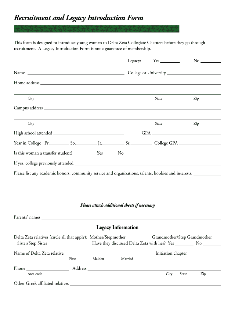 Downloadable Delta Zeta Reccommendation Form