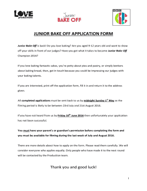 Junior Bake off Application  Form