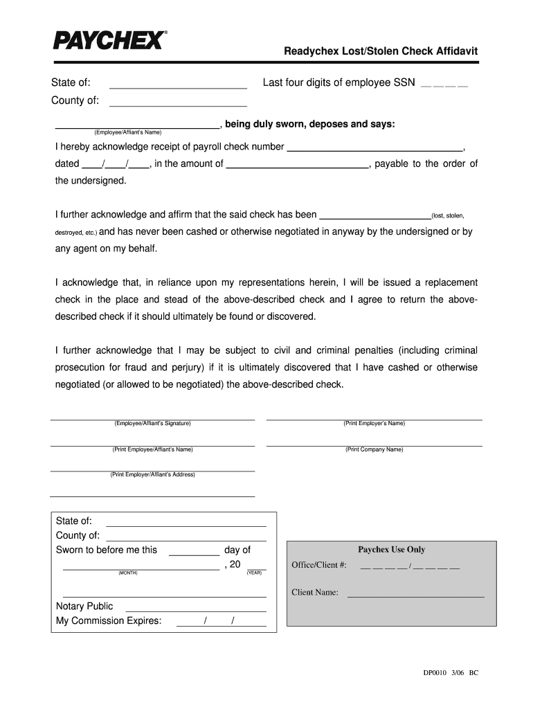 Readychex LostStolen Check Affidavit  Form