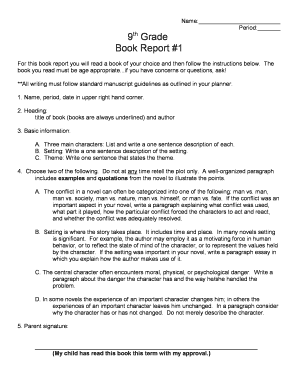 9th Grade High School Book Report Template  Form