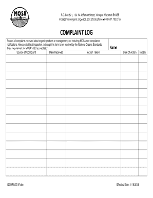 Complaint Log  Form