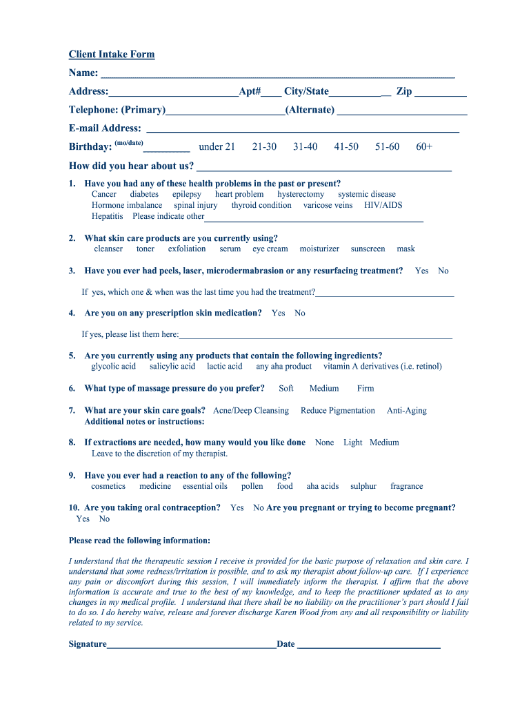  Skin Care Intake PDF 2011