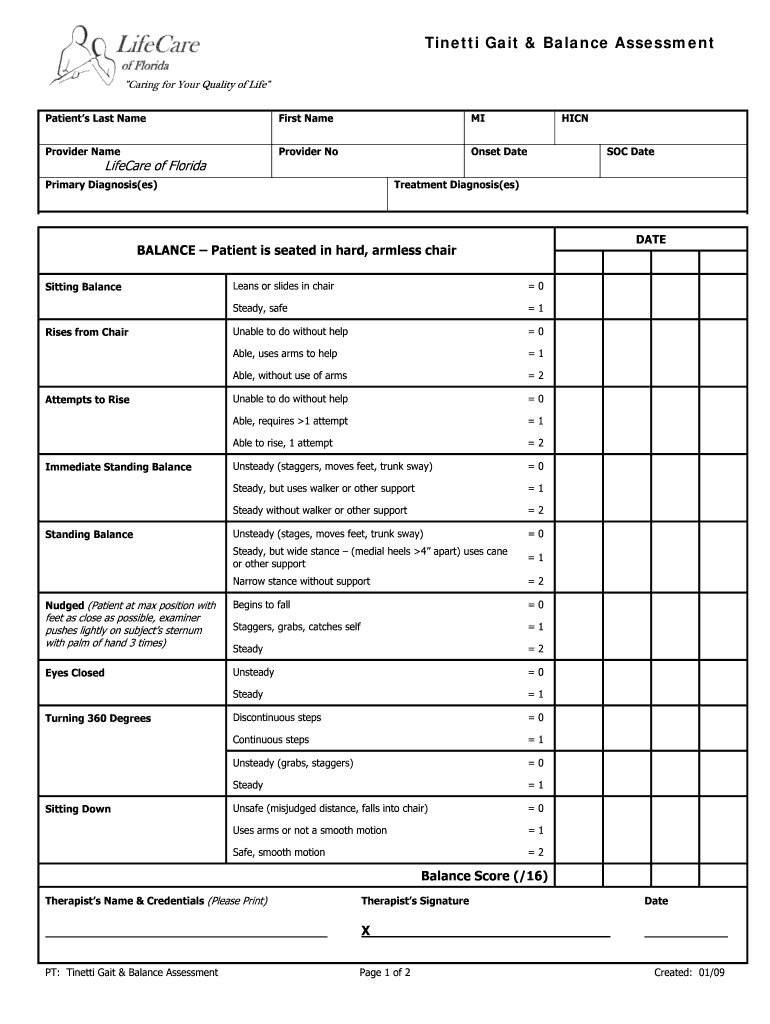 Tinetti Gait Amp Balance Assessment Life Care Therapy  Form