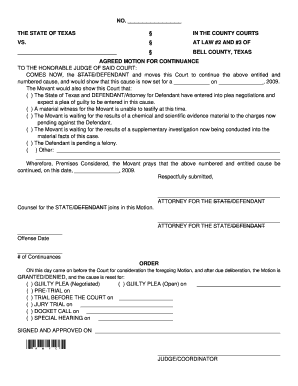 continuance motion form agreed texas county pdf misdemeanor bell sign signnow template pdffiller