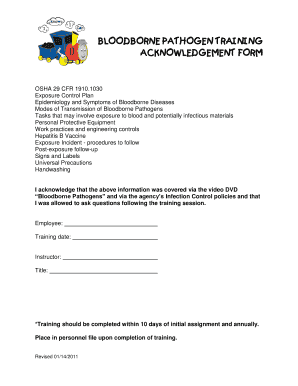 BLOODBORNE PATHOGEN TRAINING ACKNOWLEDGEMENT FORM