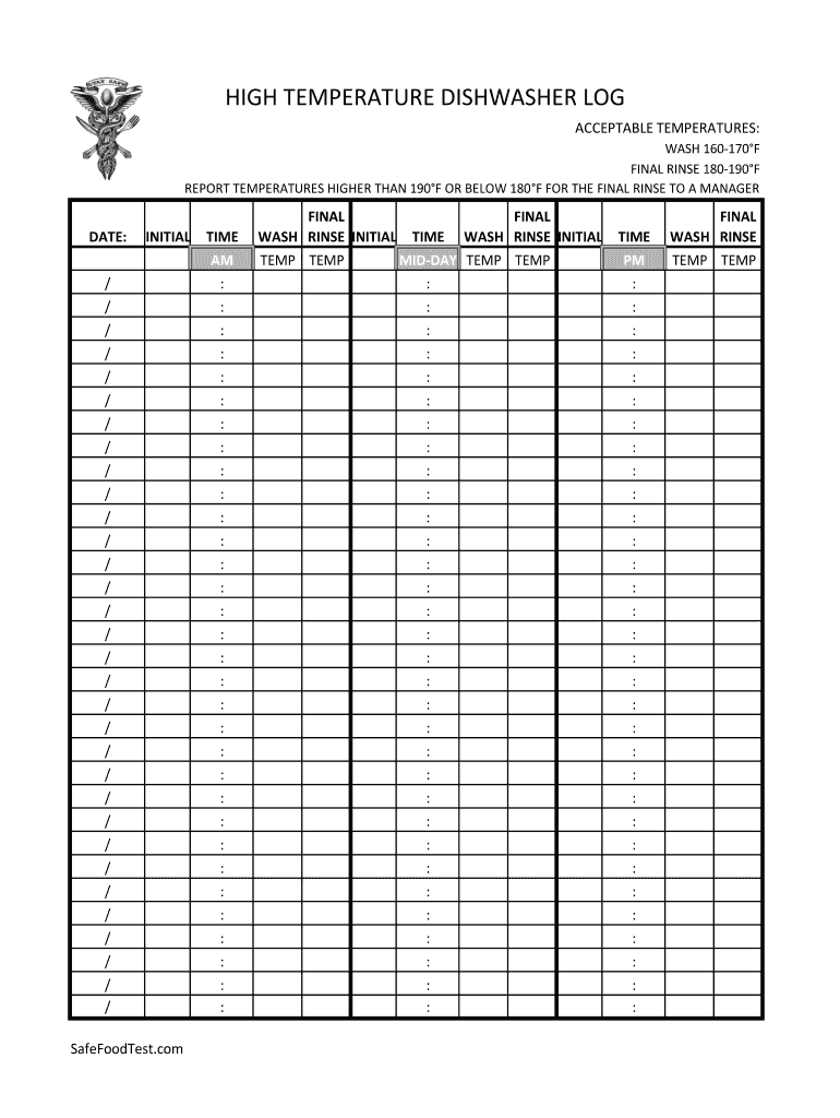 Dishwasher Temperature Log Template  Form