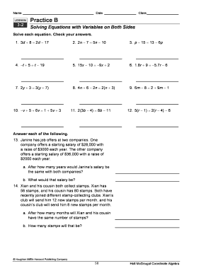 Variables on Both Sides Worksheet PDF  Form