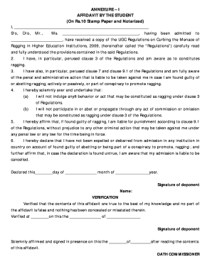 Anti Ragging Affidavit on Stamp Paper  Form