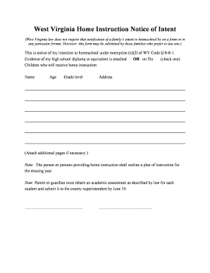 Wv Homeschool Letter of Intent  Form