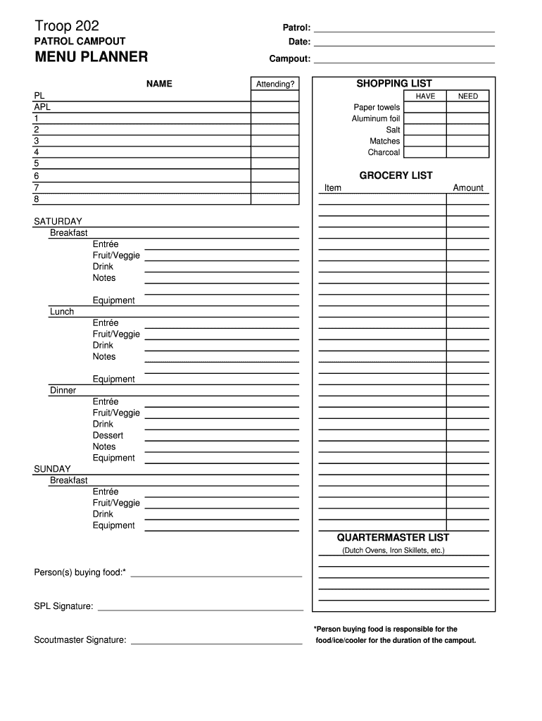 Troop 202 Patrol PATROL CAMPOUT Date MENU PLANNER Troop202  Form