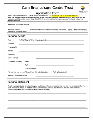 Leisure Centre Job Application Form