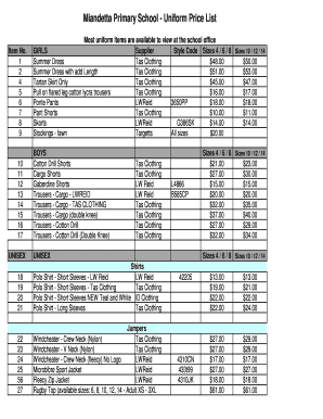 Ebsons School Uniform Price List