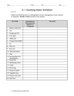 Classifying Matter Worksheet PDF  Form