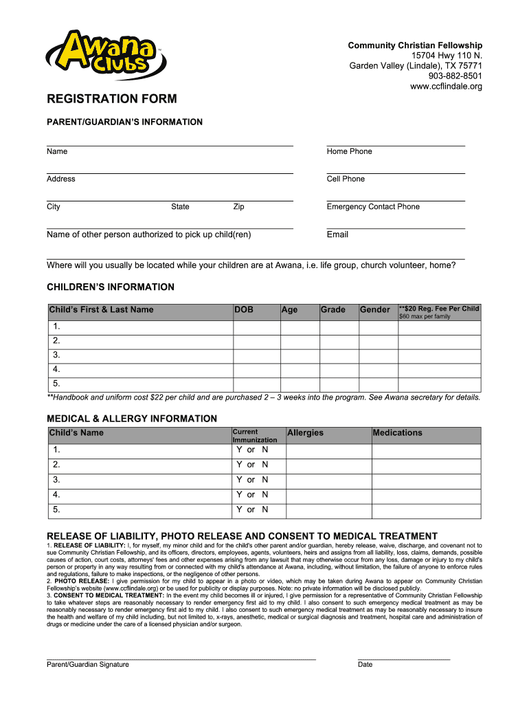  Awana Registration Form Template 2012