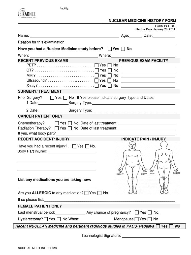  NUCLEAR MEDICINE HISTORY FORM Medical Imaging 2011-2024