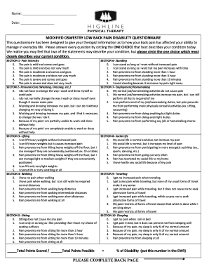 OSWESTRY LOW BACK PAIN DISABILITY INDEX QUESTIONNAIRE 042314  Form